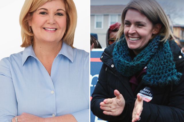 A split shot of Brigid Callahan Harris, a middle-aged white woman with blond hair, on the left and Amy Kennedy, smiling towards someone off camera, on the right. The two are candidates for the Democratic primary in South New Jersey.